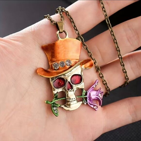 Grinning Skull with Rose and Top Hat Skelton Necklace / Pendant #866 (orange) - Picture 6 of 9